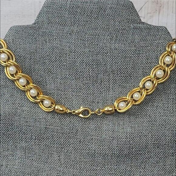 Vintage Caged Pearl Necklace Goldtone Double Open Link Appx 18.5" FAUX PEARL - Picture 5 of 9